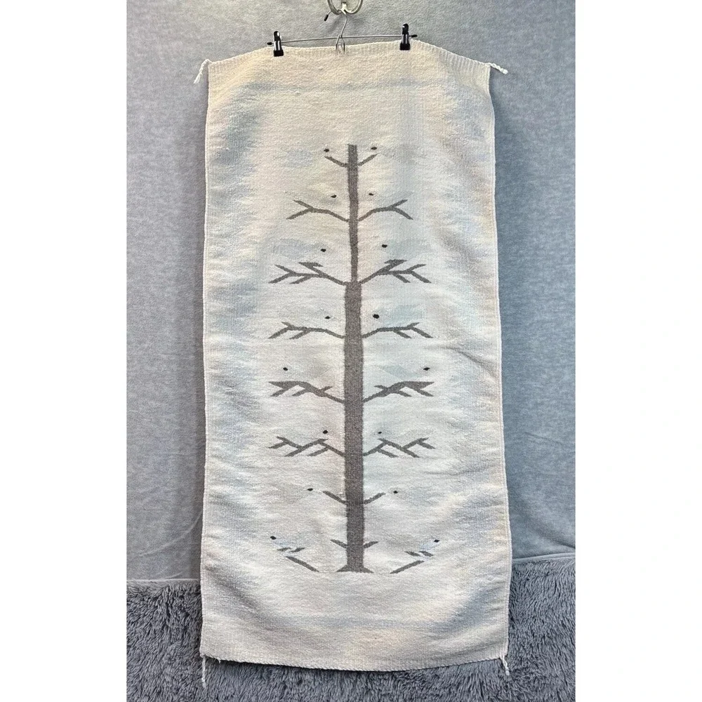 Tree of Life Navajo Style Rug Tapestry‎ Folk Art Southwestern Blue Cream 26